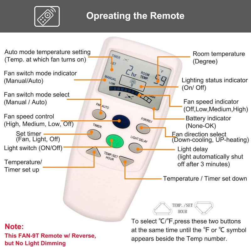 CENMING 9T Thermostatic Ceiling Fan Remote Control Replacement Remote for Hampton Bay,with Reverse Timer 3-Speed, LCD Display Temp 303.9MHz, No Light Dimmer,for L3HFAN9T FAN-9T(Remote Only) - Image 4